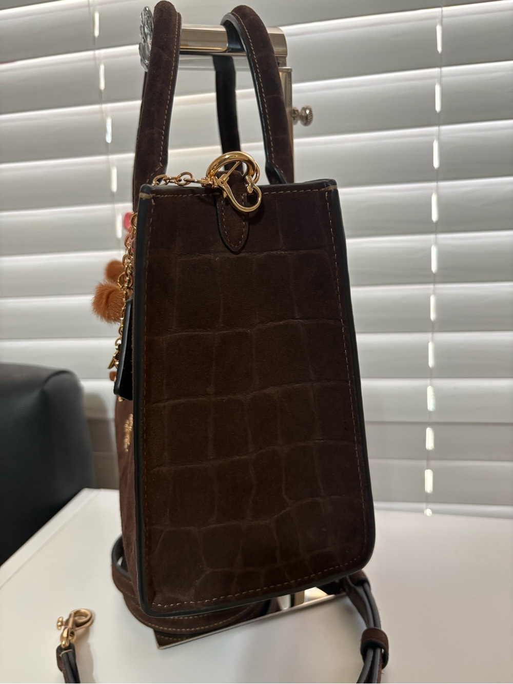 COACH Dark Brown Croc-Embossed Satchel Maggie Small Tote Bag. - Picture 3 of 13